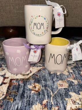 Rae Dunn 'MOM' Ceramic Coffee Mugs Cups Set of 3 Assorted Spring Pastel Colors